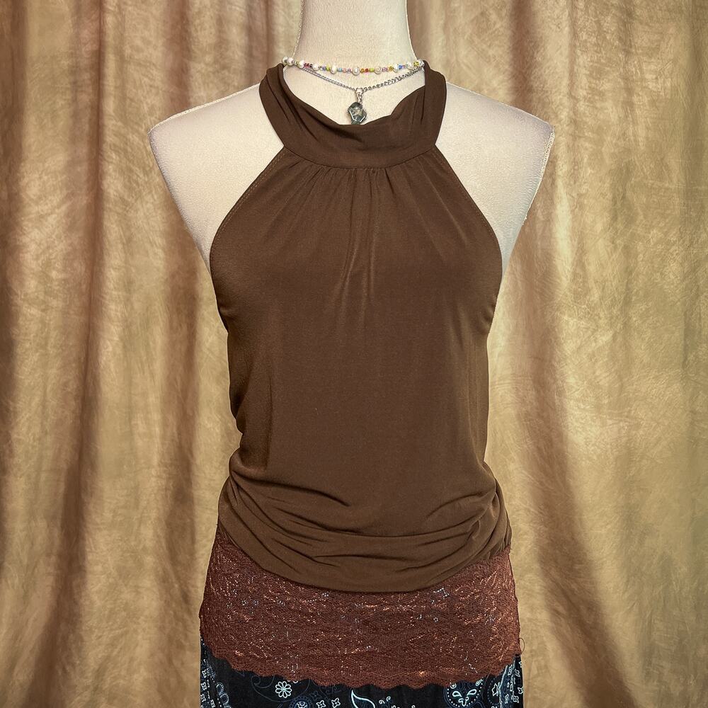 Vintage Y2K Halter Top Floral Lace Trim Sleeveless Brown Indie Sleaze Club